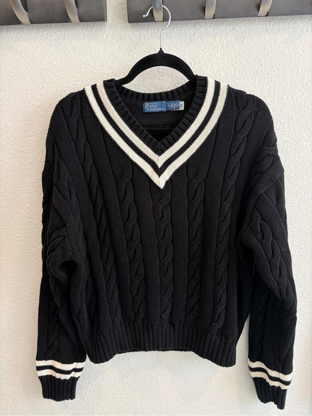 Woman’s Polo by Ralph Lauren Cotton Black Cable-Knit V-Neck Sweater